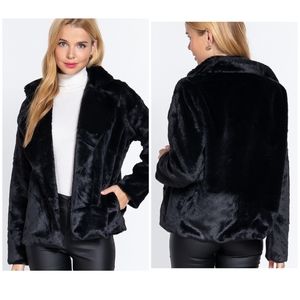 Sophisticated Chic Classic Black Faux Fur Open Coat